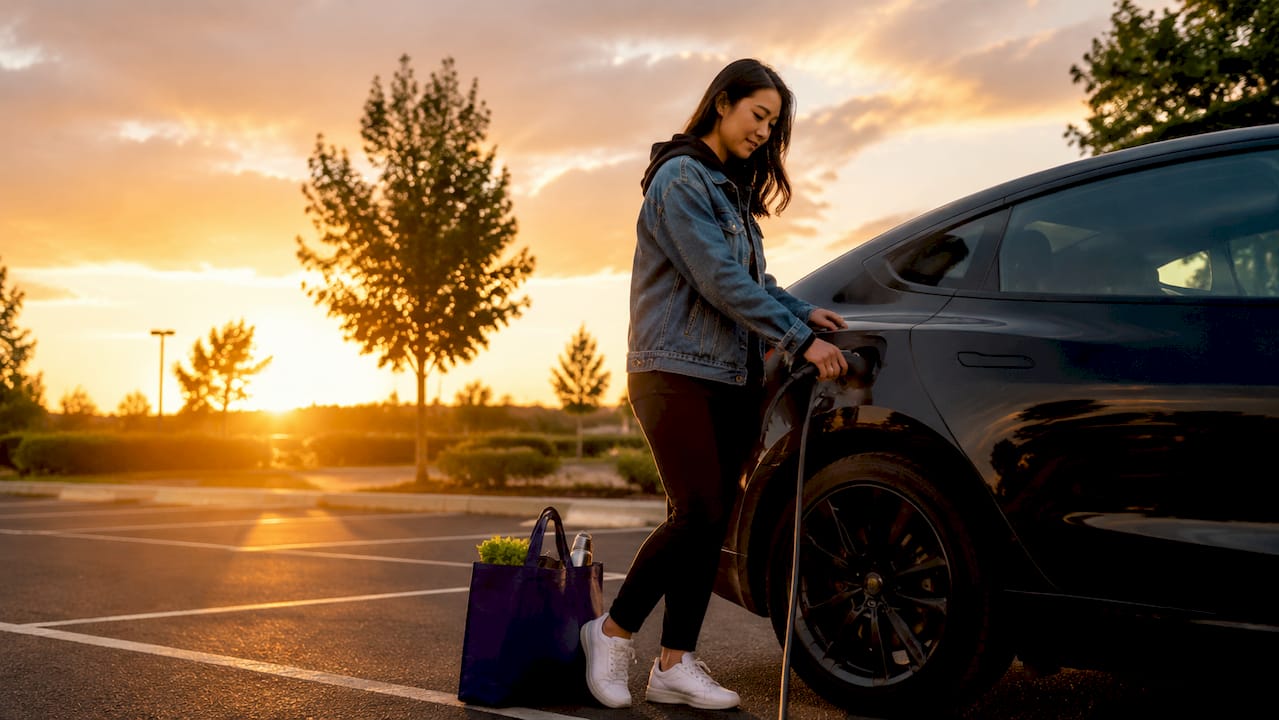 Woman charging EV in apartment garage