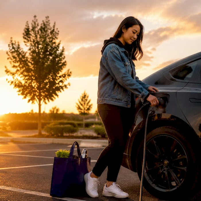 Woman charging EV in apartment garage