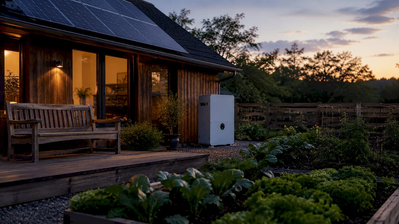 Rural home with solar panels and battery unit exterior