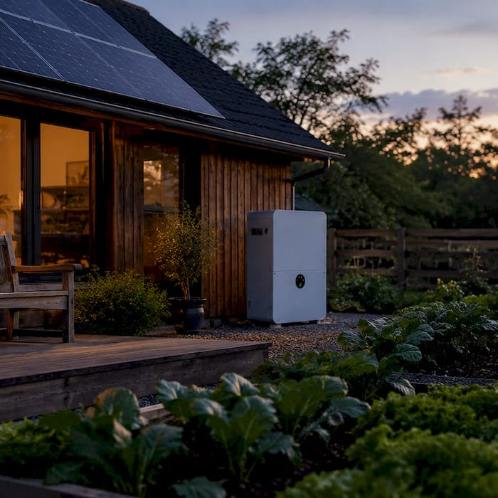 Rural home with solar panels and battery unit exterior