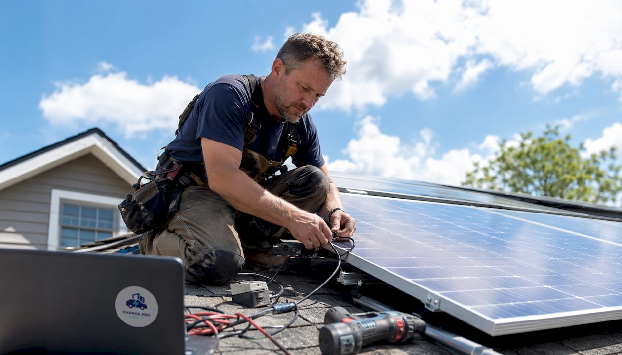 Man installing solar panels on home roof
