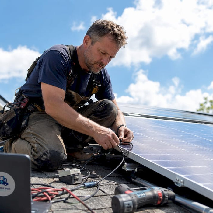 Man installing solar panels on home roof