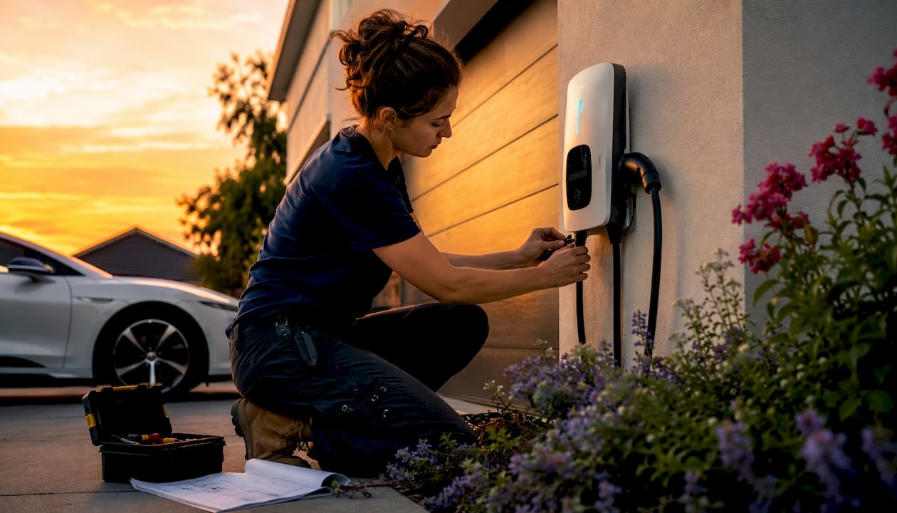 Woman installing smart EV charger outdoors