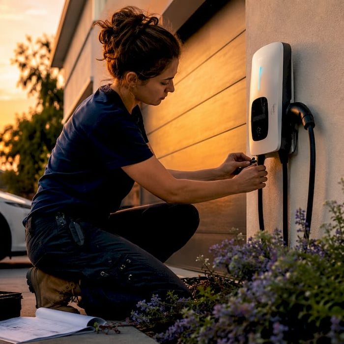 Woman installing smart EV charger outdoors