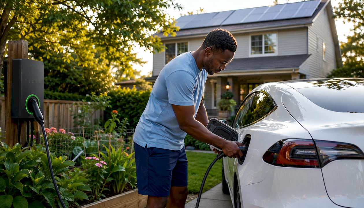 Man charging EV vehicle in driveway outdoors
