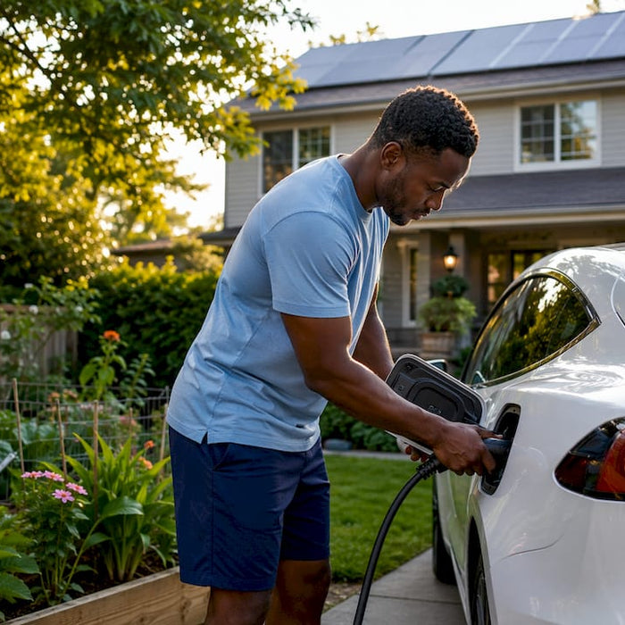 Man charging EV vehicle in driveway outdoors