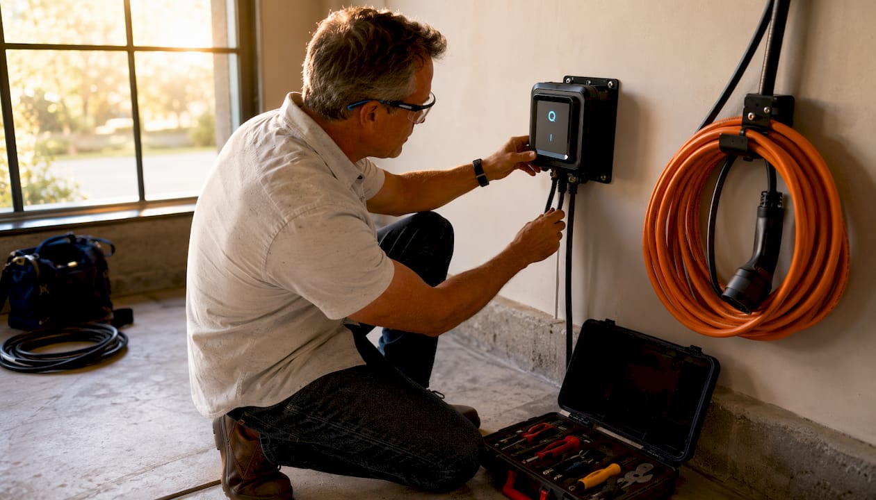 Homeowner installing EV charging outlet