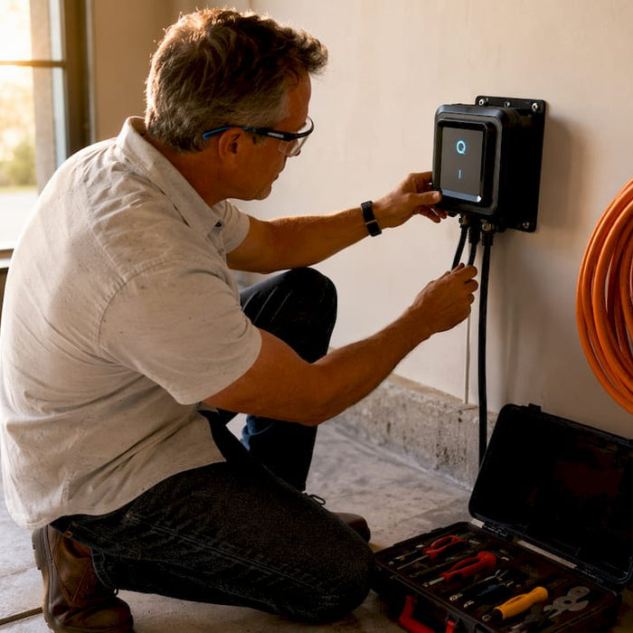 Homeowner installing EV charging outlet