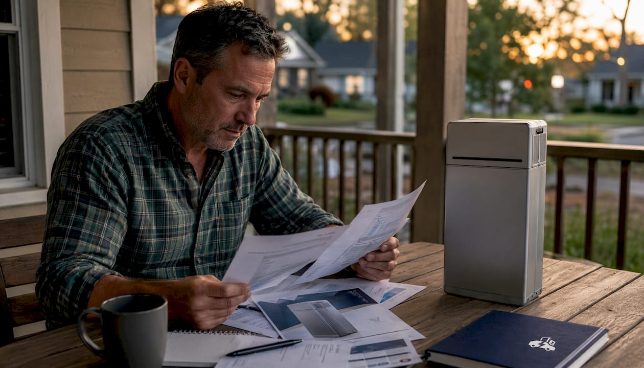 Homeowner reviewing battery backup brochures at kitchen table