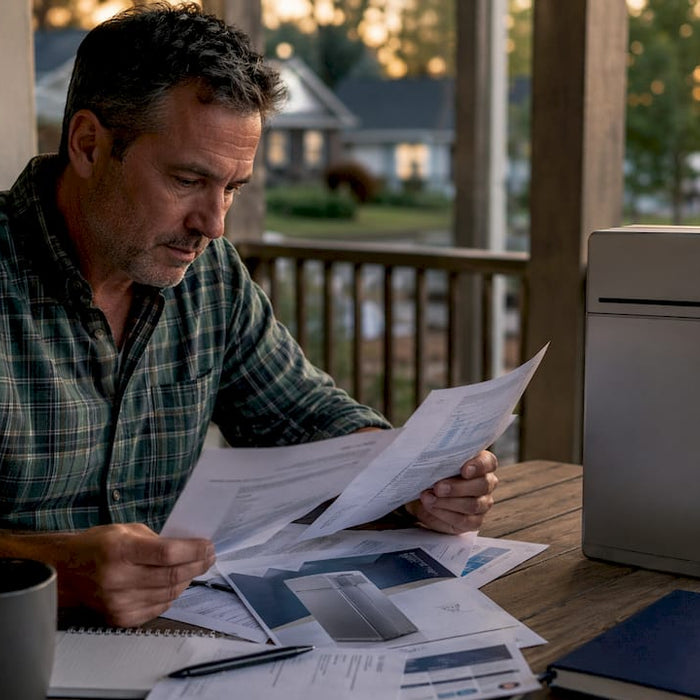 Homeowner reviewing battery backup brochures at kitchen table