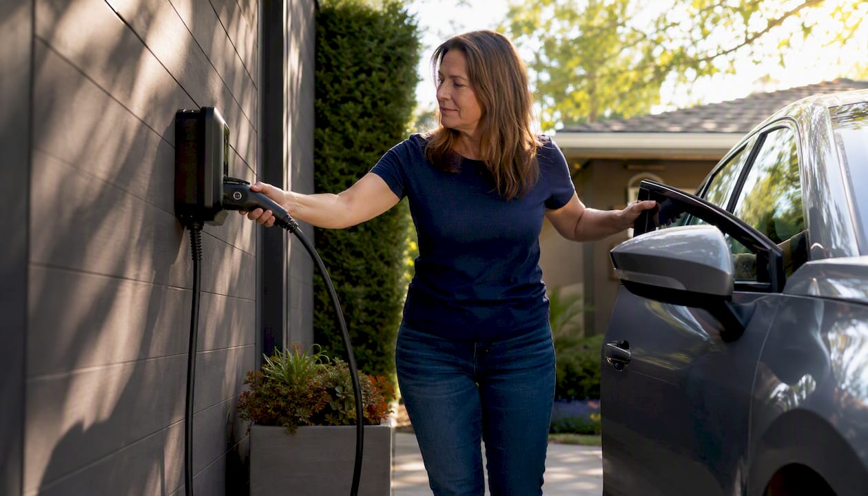 Woman charging electric car at home driveway