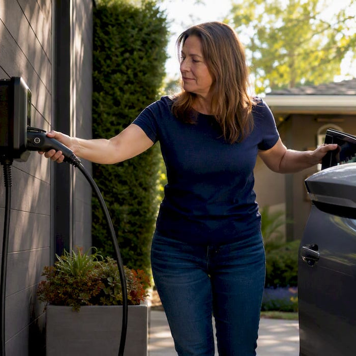 Woman charging electric car at home driveway