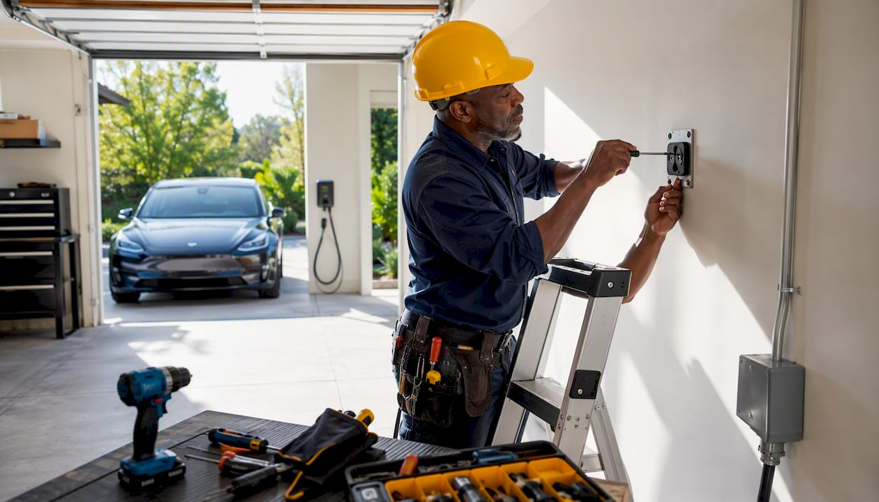 Electrician installing NEMA 14-50 outlet in garage