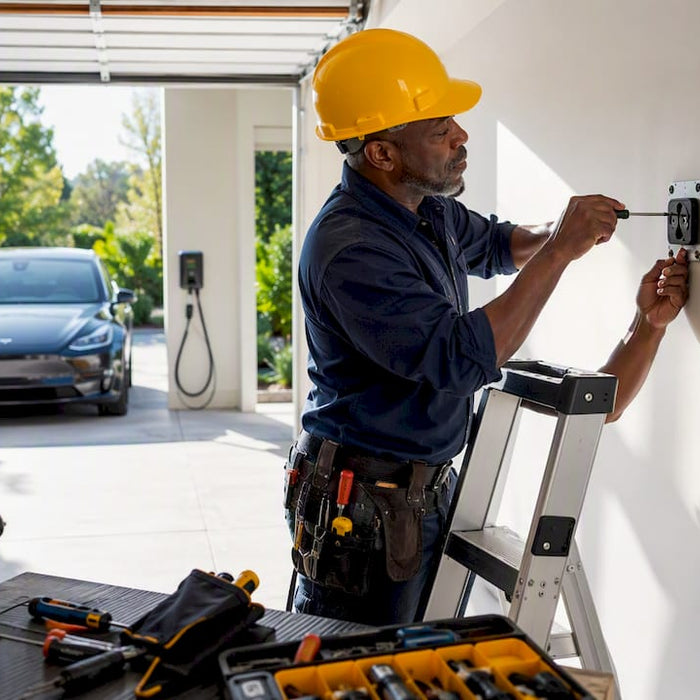 Electrician installing NEMA 14-50 outlet in garage