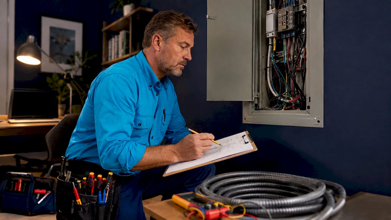 Electrician reviewing home electrical panel load