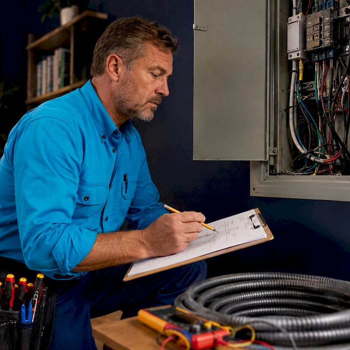 Electrician reviewing home electrical panel load