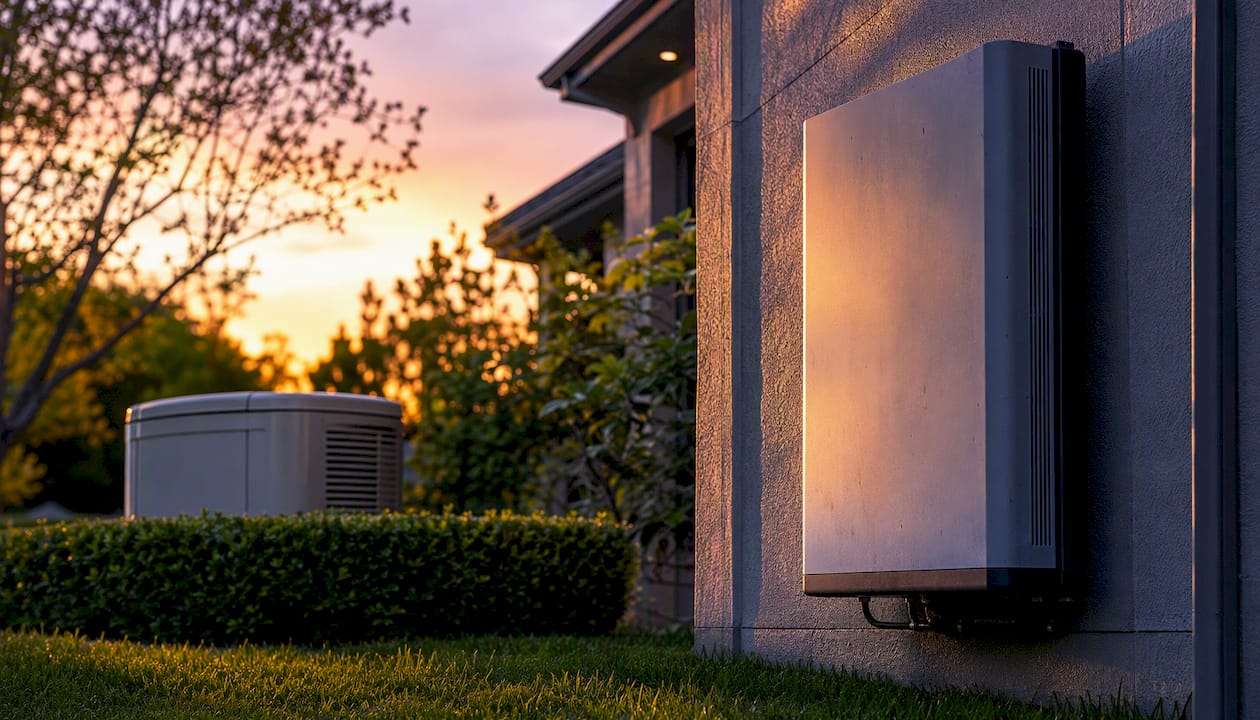 Home battery and standby generator outdoors