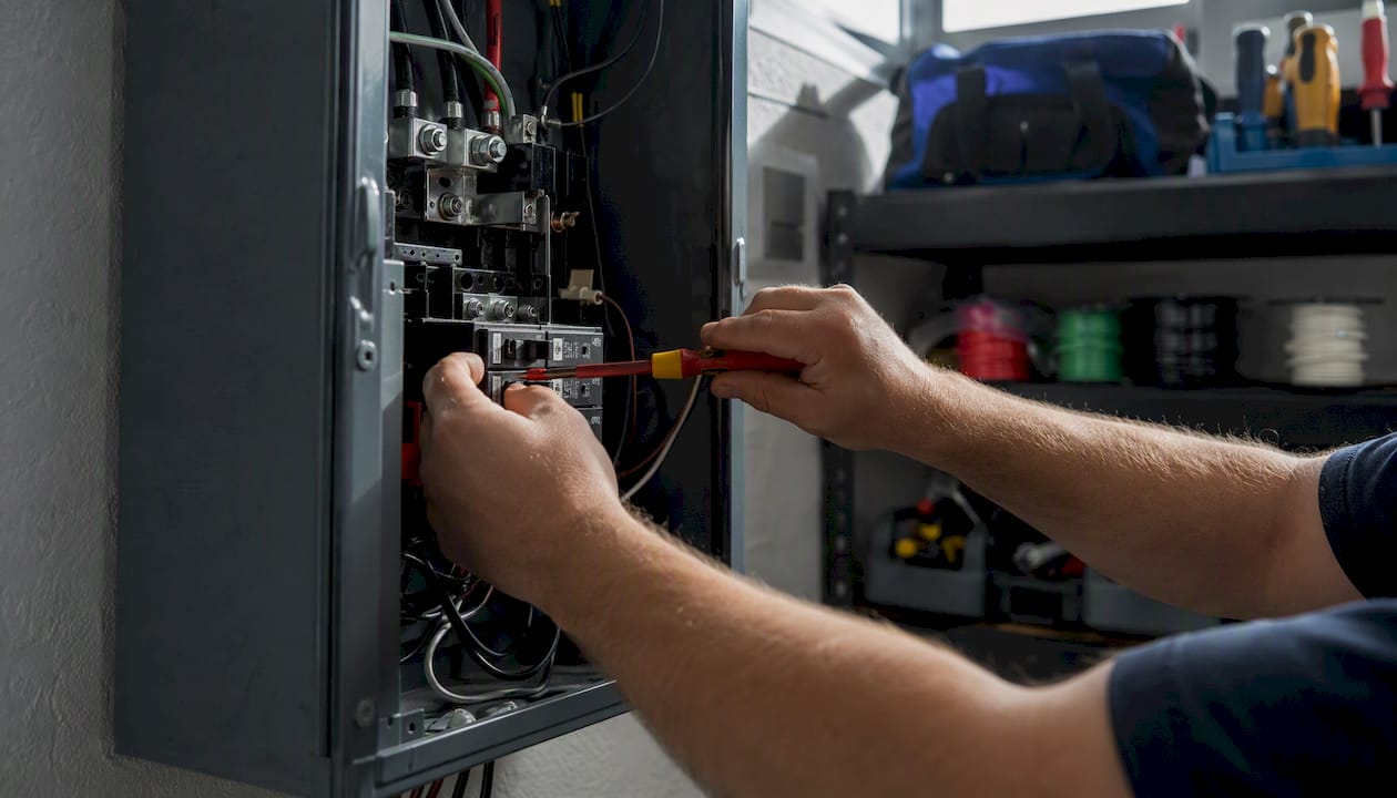 Electrician wiring EV charger breaker panel