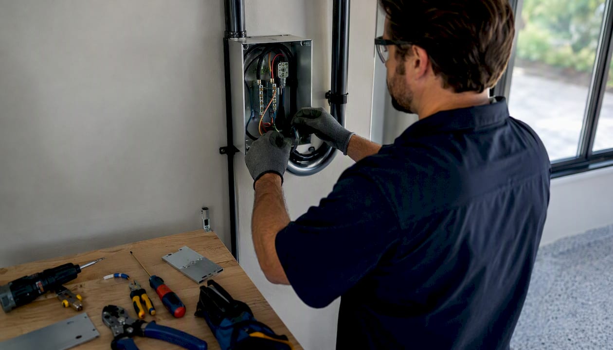 Electrician wiring hardwired EV charger installation