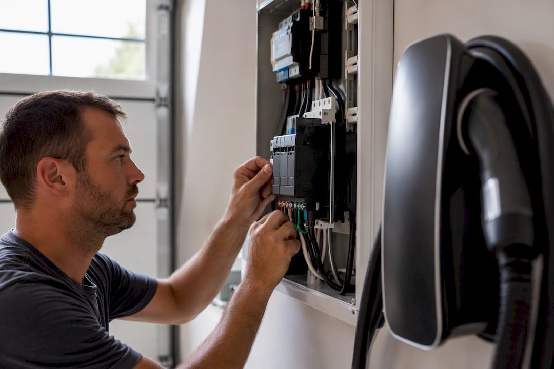Electrician wiring surge protector near EV charger