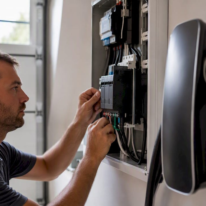 Electrician wiring surge protector near EV charger