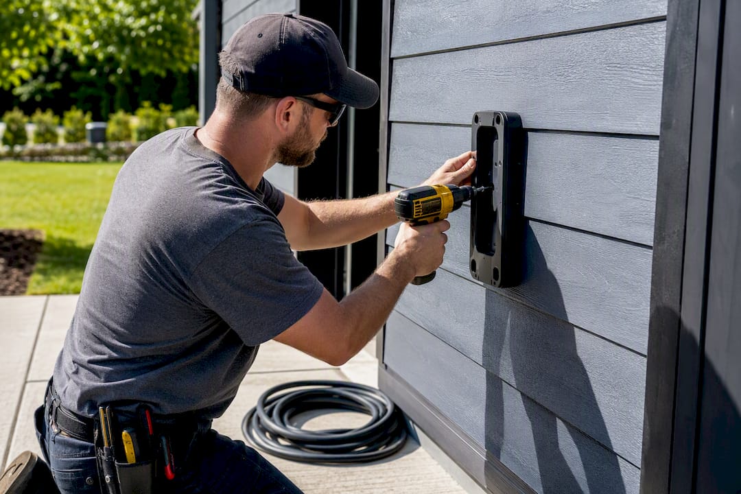 Electrician installing EV charger bracket in garage