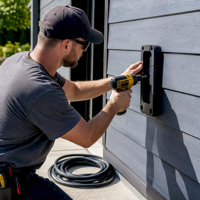 Electrician installing EV charger bracket in garage