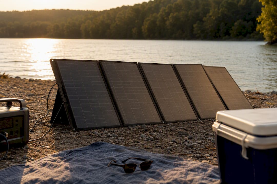 Portable solar panels connected to power station outdoors