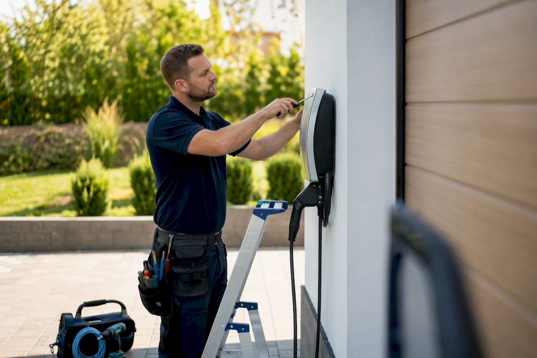 Electrician installing EV charger on driveway wall
