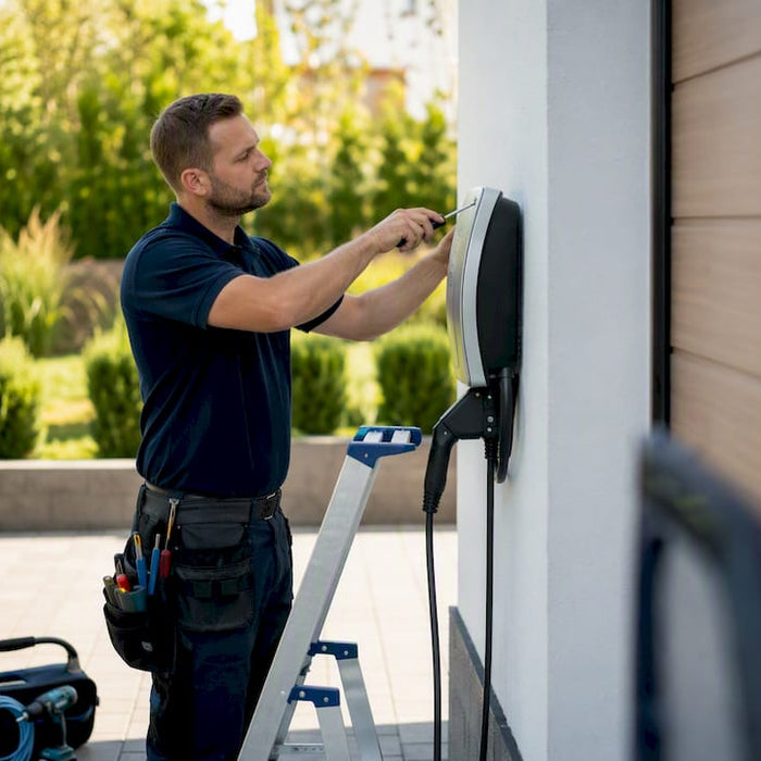 Electrician installing EV charger on driveway wall