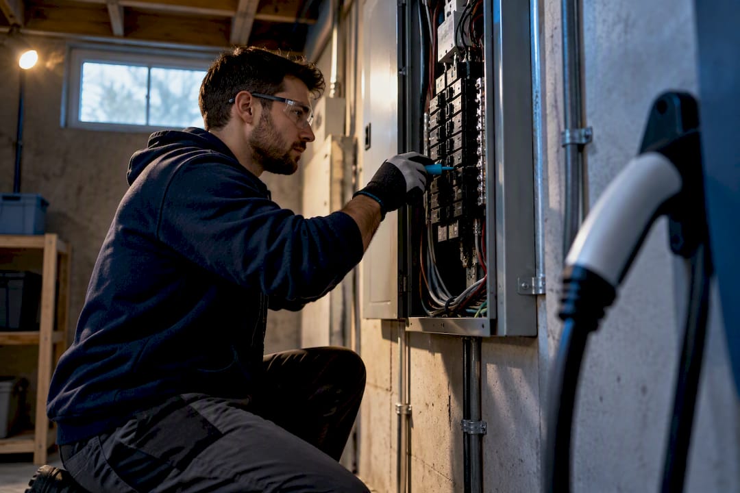 Electrician inspecting panel for charger installation