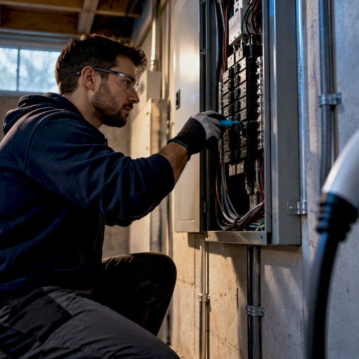 Electrician inspecting panel for charger installation