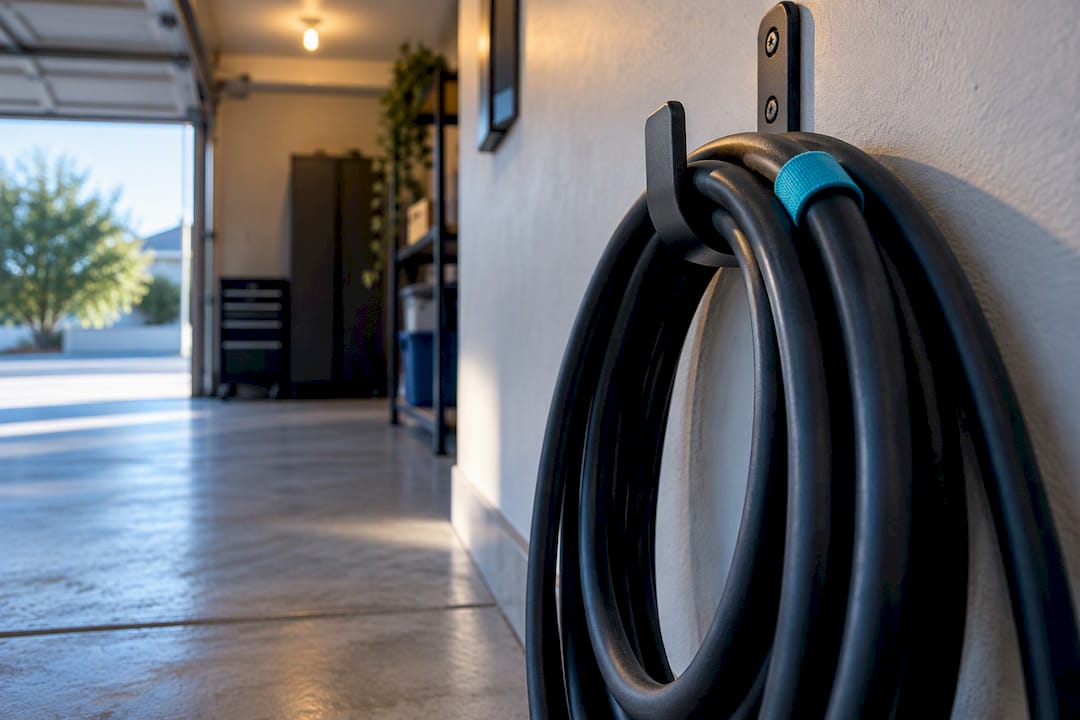 EV charging cable organized on garage wall