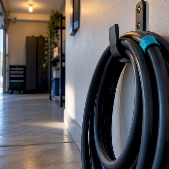 EV charging cable organized on garage wall