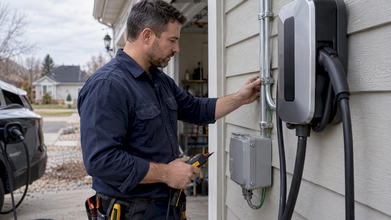 Electrician inspecting outdoor EV charger installation