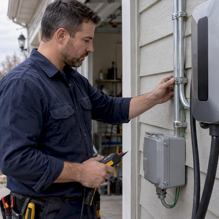 Electrician inspecting outdoor EV charger installation