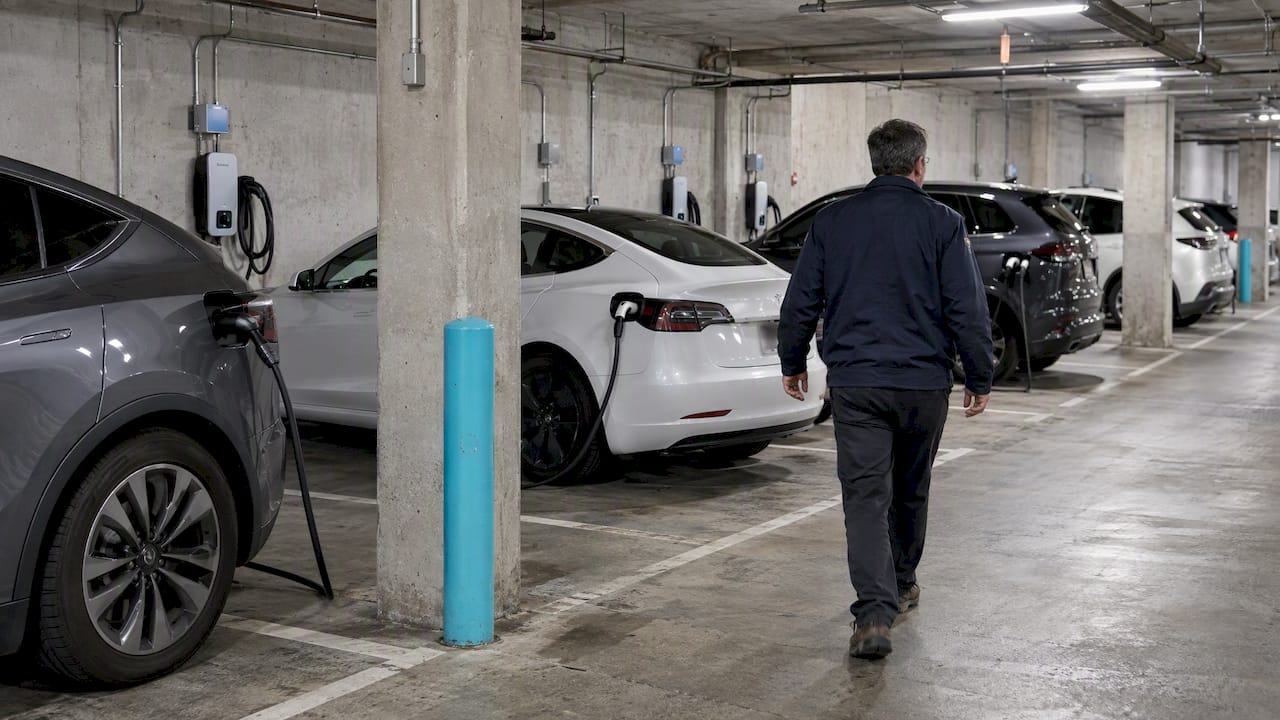 Condo garage with shared EV charging stations