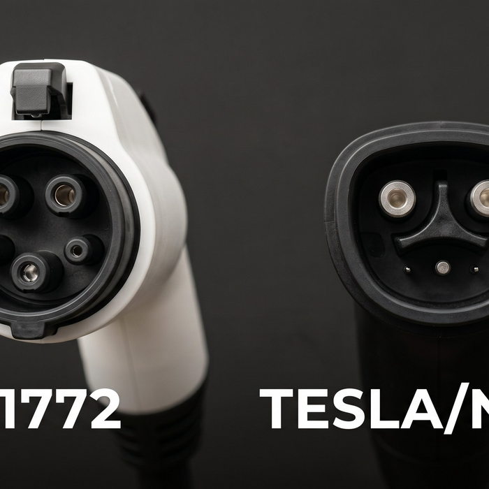 Side-by-side comparison of J1772 and Tesla NACS EV charging connectors