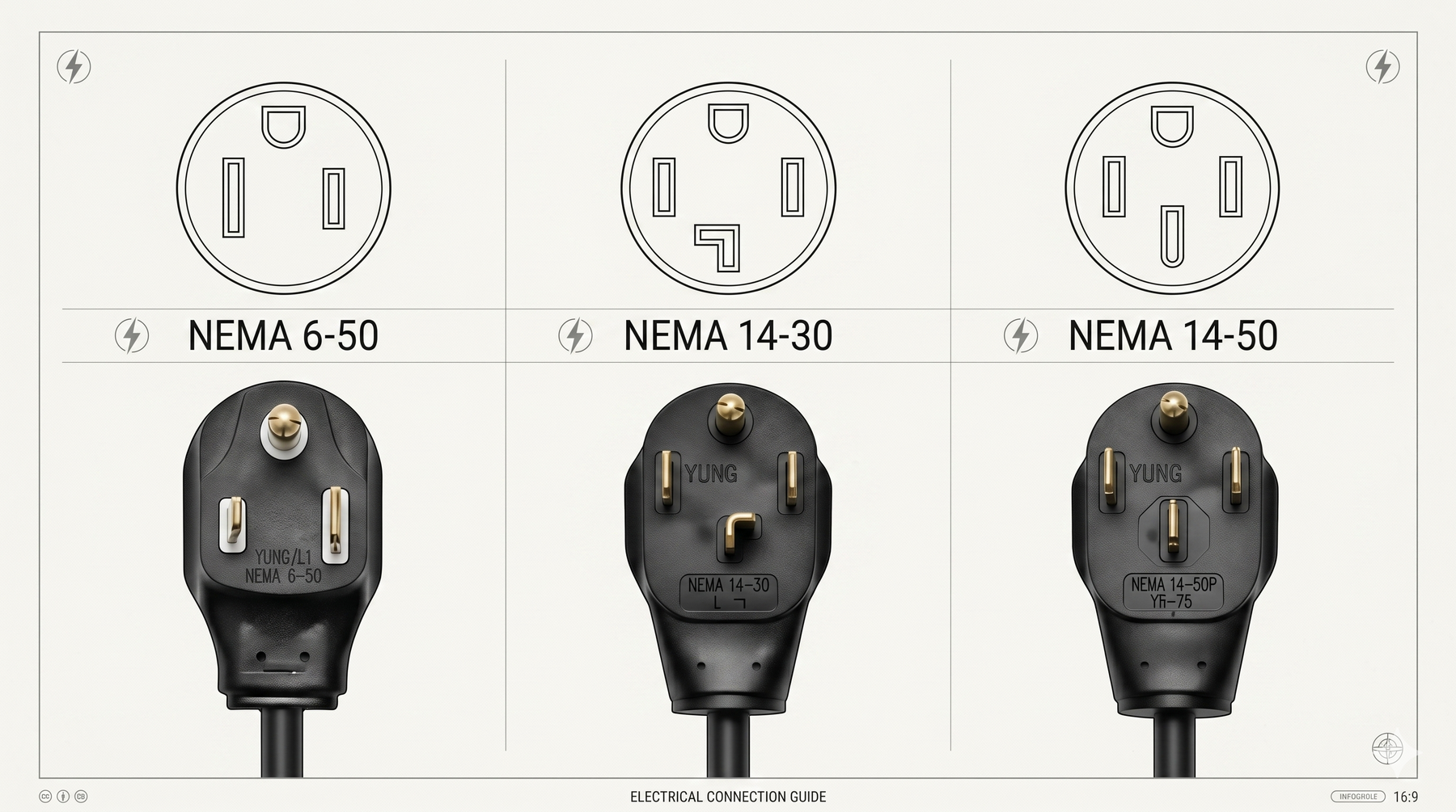 Side-by-side comparison of NEMA 6-50, NEMA 14-30, and NEMA 14-50 electrical outlets and plugs