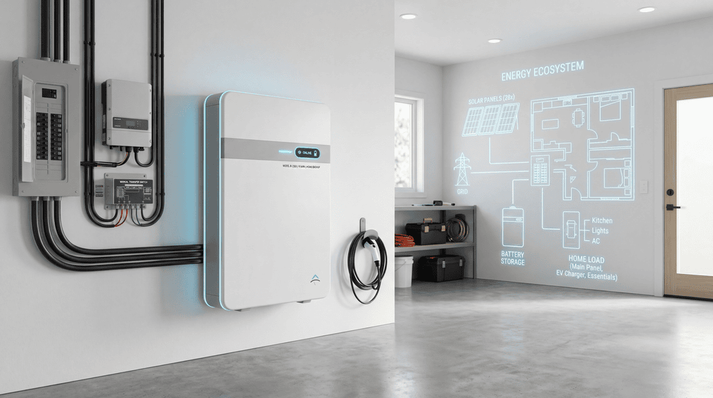 Wall-mounted home battery backup system in garage with energy ecosystem diagram