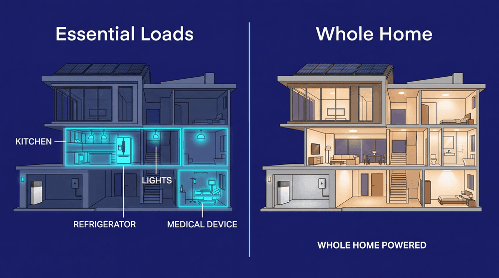 Essential loads vs whole home battery backup comparison diagram showing powered rooms