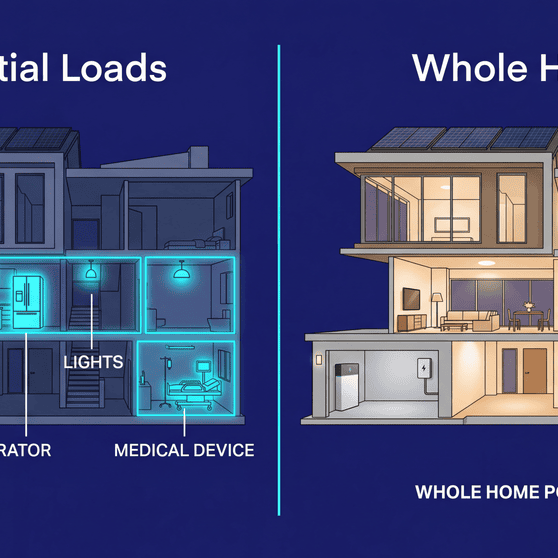 Essential loads vs whole home battery backup comparison diagram showing powered rooms