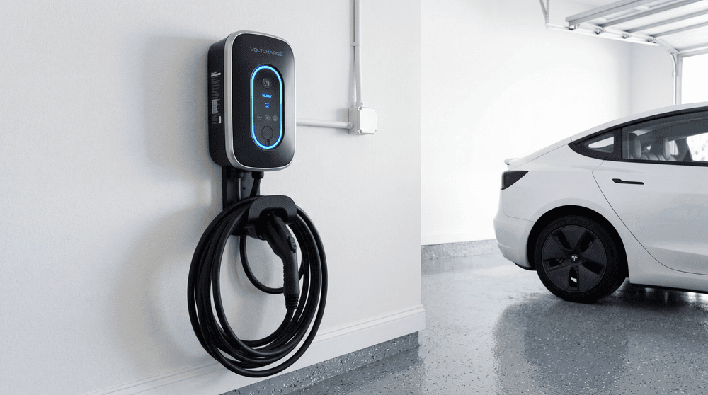 Level 2 EV charger mounted on white garage wall with Tesla in background