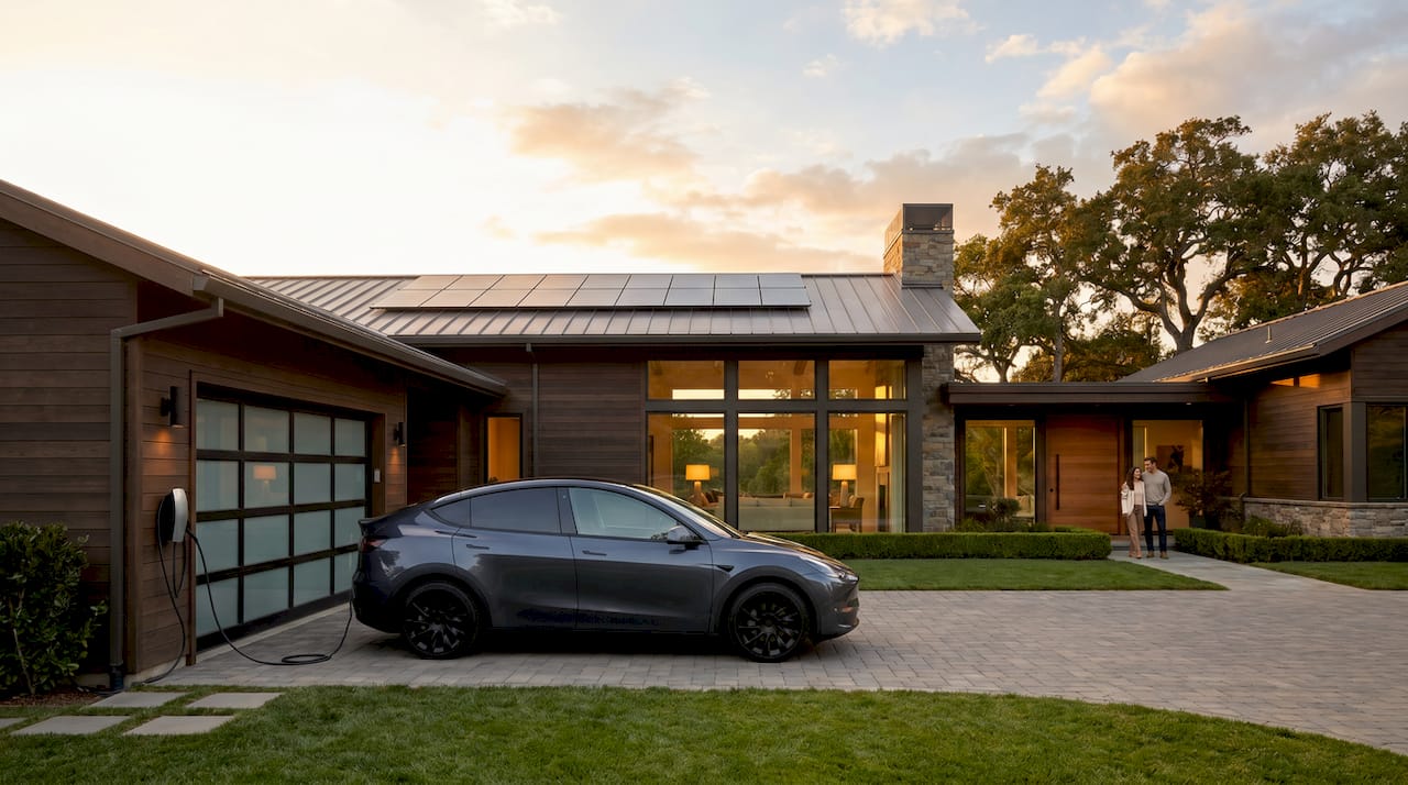 Modern home with rooftop solar panels and Tesla Model Y EV — whole-home battery backup and EV charging system
