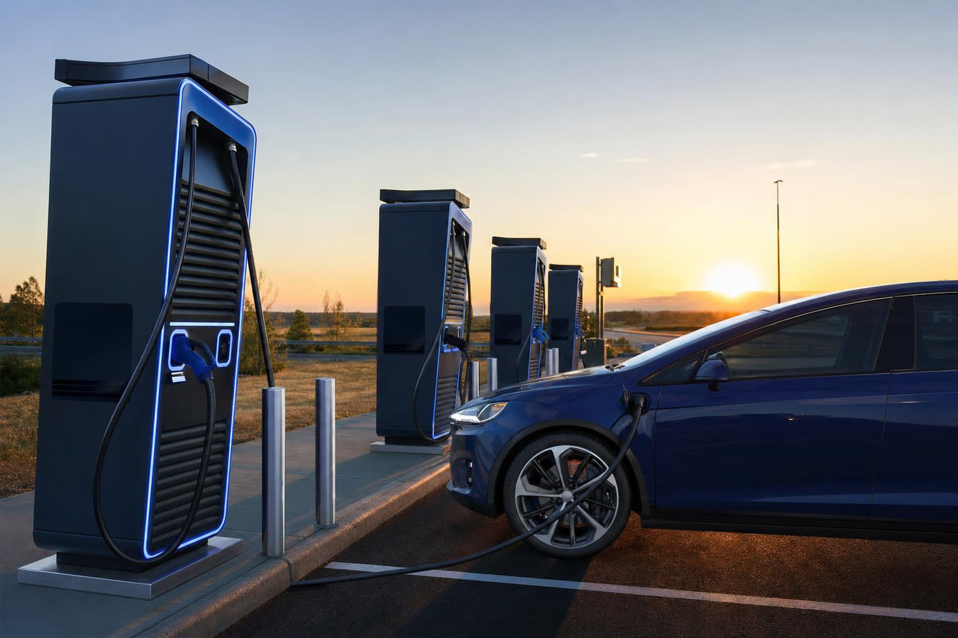 Row of DC fast charging stations at a highway rest stop