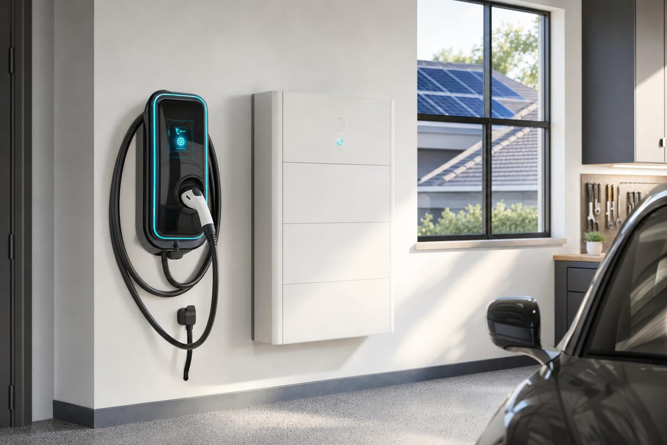Level 2 EV charger installed in a modern home garage