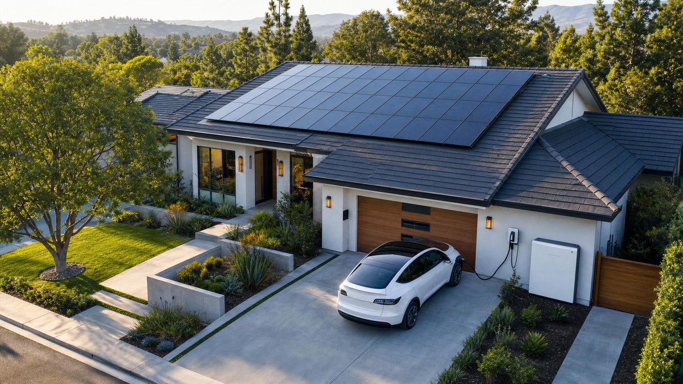 Suburban home with rooftop solar panels, drone aerial view