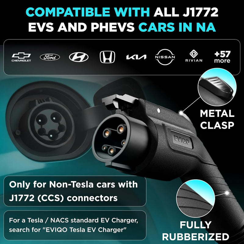 EVIQO Level 2 EV Charger 40A (9.6kW) NEMA 14-50 Plug-In | J1772 for Non-Tesla EVs