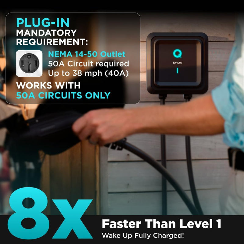 EVIQO Level 2 EV Charger 40A (9.6kW) NEMA 14-50 Plug-In | J1772 for Non-Tesla EVs