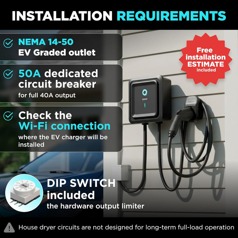 EVIQO Level 2 EV Charger 40A (9.6kW) NEMA 14-50 Plug-In | J1772 for Non-Tesla EVs